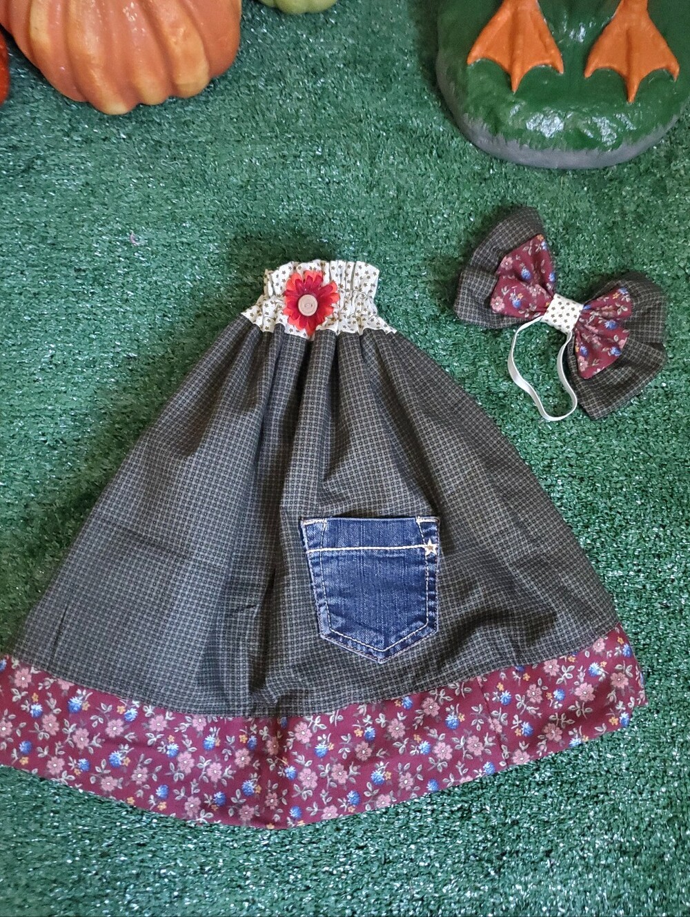 23" Porch Goose Fall Dress & Bow Set - Picture 9 of 10